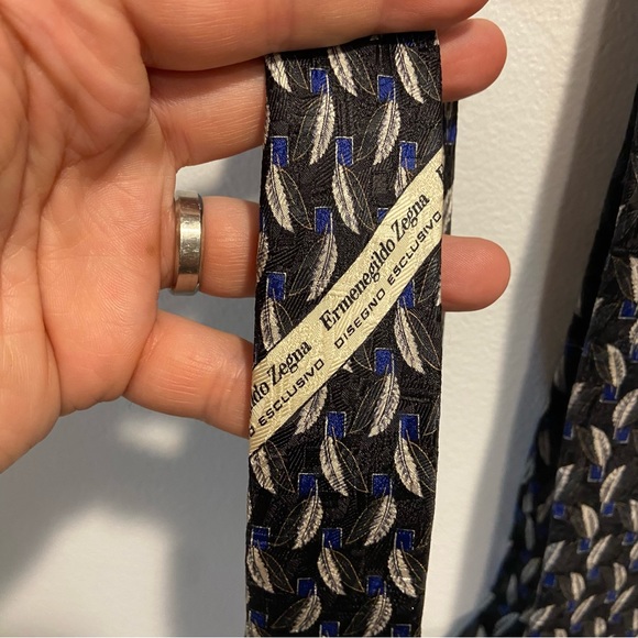 Ermenegildo Zegna Blue Feather Silk Tie Men 58” Long 3.5” Wide Made In Italy - Picture 5 of 9